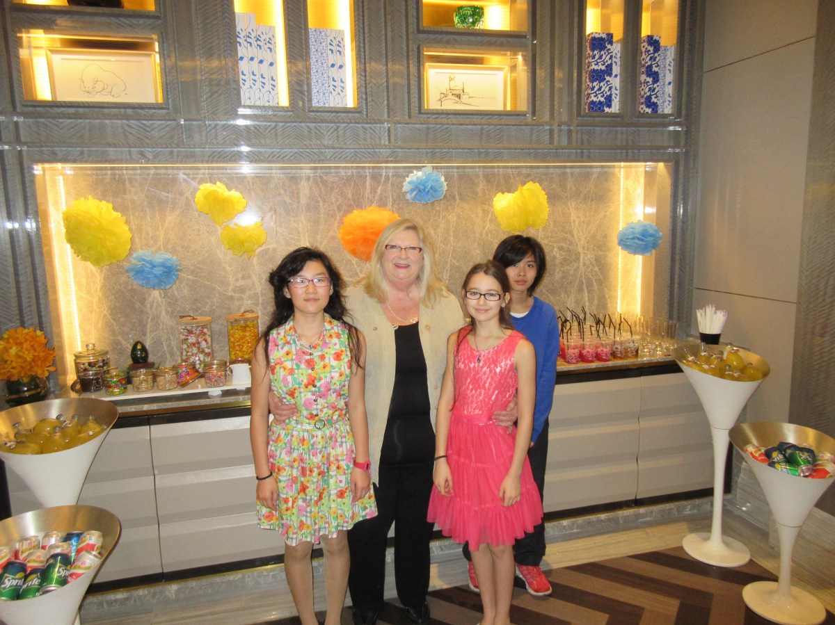 Marita with readers at children's afternoon tea, Ritz Carlton Macau